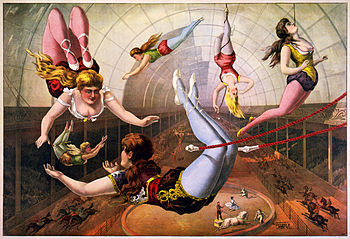 Trapeze artists in circus, lithograph by Calve...